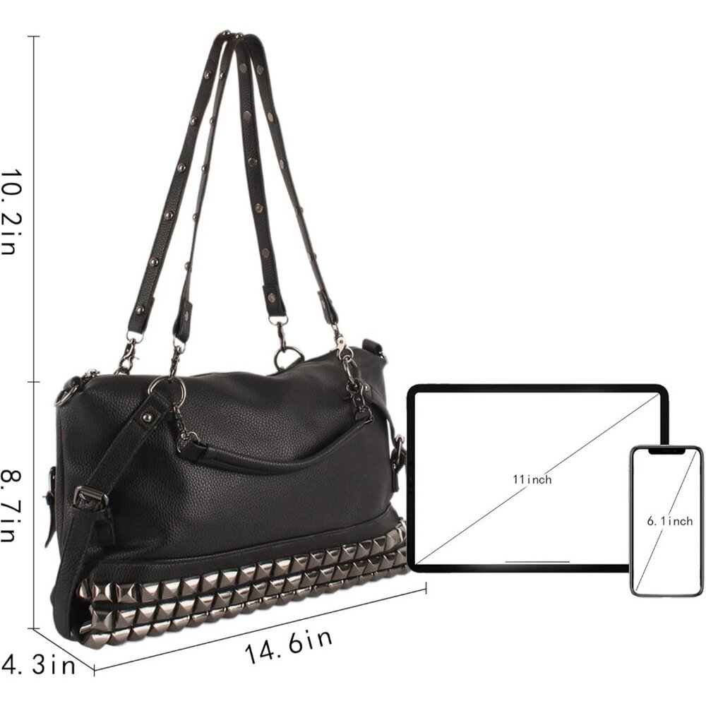 Punk Rivet Hobo Handbag for Women Large Crossbody Faux Leather Black Stylish Ret - Picture 6 of 6